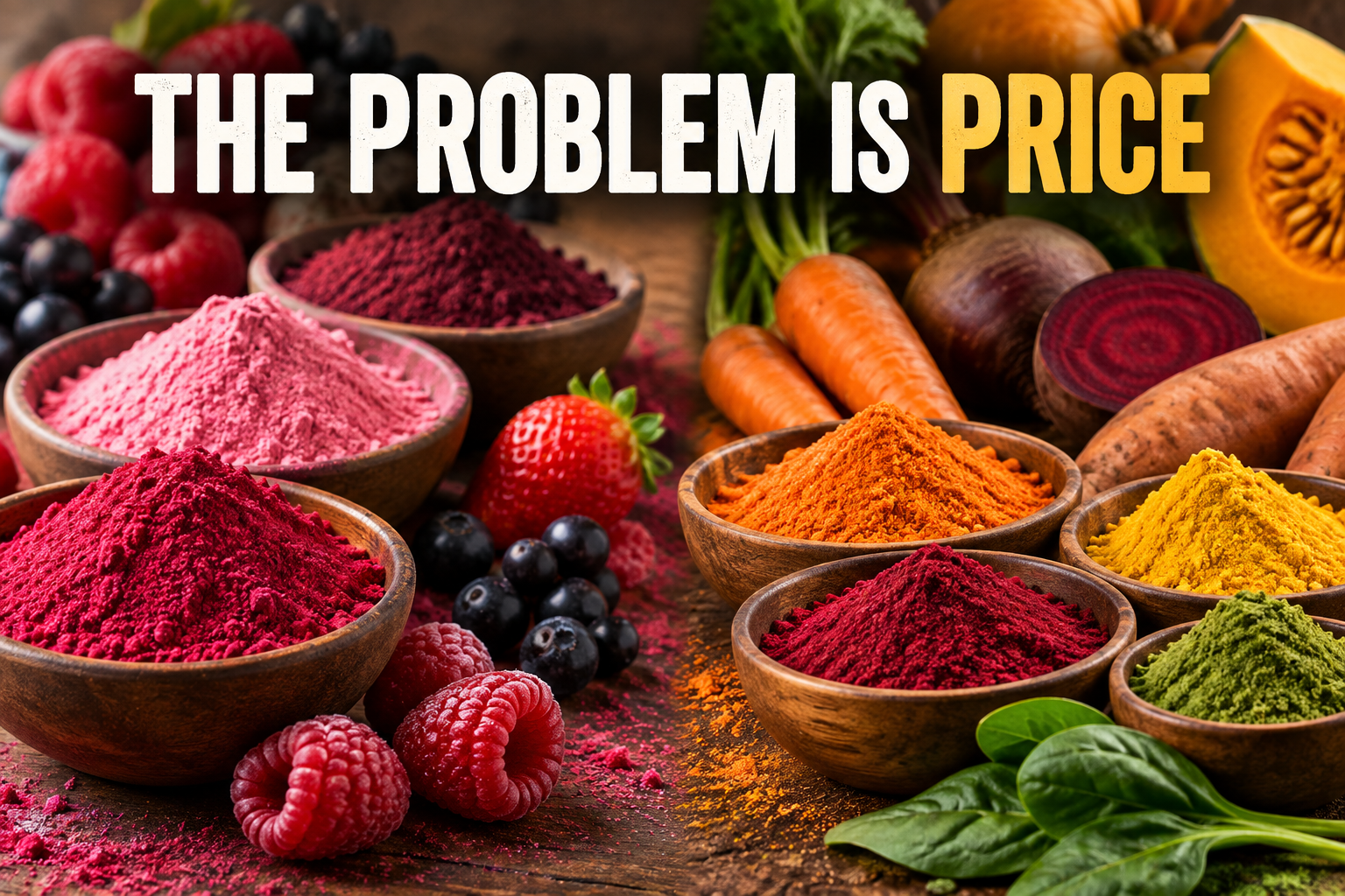 price is the problem with fruit powders overlaid on graphic